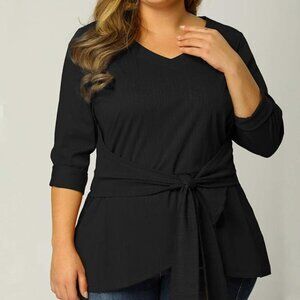 Plus Size Tie Front Blouse, Black, Long Sleeve